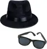 Chapéu de festa divertido fedora preto chapéu de gângster óculos de sol pretos de trilha terno