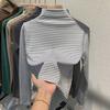 Nueva Camiseta Térmica de Manga Larga y Cuello Medio Alto para Otoño e Invierno para Mujer con Capa Interior a Rayas de Moda de Doble Cara