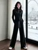 Traje de Moda Europeo Estación Negra para Mujer Otoño Gama Alta Temperamento Elegante Chaqueta de Manga Larga Pantalones de Pierna Ancha Conjunto de Dos Piezas