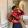 Suéter Mona Otoño Estilo Perezoso para Mujer Ropa Exterior Holgada Otoño e Invierno Cuadros Retro Versátil Top de Punto de Cuello Alto
