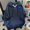 Moletom Simples com Capuz Espesso Forrado de Lã Estilo Americano para Mulheres, Outono e Inverno Cardigã Jaqueta Solto Emagrecedor Ins