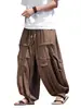 8x Calças Casuais Masculinas, Seda Gelada de Perna Larga Estilo Chinês Calças Harem, Soltas e com Caimento