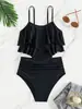 Bikini Separado Estampado Europeo y Americano para Mujer con Volantes de Cintura Alta que Cubre el Vientre Traje de Baño para Vacaciones en la Playa