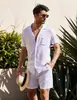 Traje de Camisa de Lino de Manga Corta de Amazon 2023 Camisa Cardigan de Lino de Algodón Suelta Casual de Verano Listo en Stock