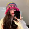 Falda Coreana Sombrero de Lana de Color Contraste para Mujer Otoño e Invierno Cálido Color Rostro Pequeño Sombrero con Protección para las Orejas Sombrero de Punto de Felpa Dopamina