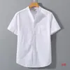 Camisa de Manga Corta de Algodón Lino para Hombre Verano Viento Lino Casual Color Sólido Simple Cuello Pequeño Top para Hombre