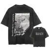 Camiseta Vintage Lavada con Lejía Lavada y Desgastada Camiseta de Manga Corta de Anime con la Parca