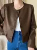 Jaqueta de Couro PU Gola Redonda Estilo Coreano Ombro Normal Simples Curta de Botão Único Commute Retro Jaqueta de Couro Estilo Pequeno Chanel Top