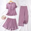 Pijama Acolchoado com Renda para Mulheres Verão Fino Solto Manga Curta Calça Cropped Shorts Conjunto Roupa de Casa Conjunto de Três Peças