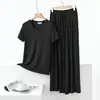 Conjunto de Camisetas Casuais Finas Soltas de Modal 2025, Camiseta de Manga Curta Cor Sólida Estilo Coreano, Conjunto de Duas Peças Emagrecedor Tamanho Grande para Mulheres
