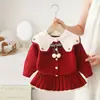 Abrigo-suéter para niña, lindo atuendo para niñas pequeñas, nuevo conjunto tejido 2026, solapa grande, conjunto de dos piezas para niñas pequeñas