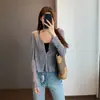 Cardigan de Tricô Curto Leve Respirável Levemente Transparente Costela Fina Gola V Ombro Normal Manga Curta H052705