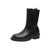 Cidade de Guangming Versão em Couro Aumento de Altura 5cm~Botas com Salto Texturizado Arredondadas Queimadas Estilo Retrô Meia-Panturrilha Botas de Equitação Femininas 2026