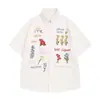 Camisa Retro Americana Estilo Waffle Floral Bordado Colorido, Manga Corta, Holgada, Casual, Versátil