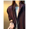 Chaqueta de vuelo morada estilo americano con cuello alto para hombre, chaqueta de trabajo patchwork deconstruida para primavera/otoño, cortavientos softshell corto