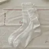 Meias de Renda Doces com Babados para Primavera e Verão com Laço Fofo no Calcanhar, Estilo Fino Sem Costura, Meias até a Panturrilha Inspiradas em Ballet para Meninas