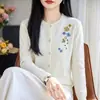 Cárdigan de Punto para Mujer, Nuevo Estilo Otoño/Invierno, Abrigo Bordado Floral de Cuello Redondo, Suéter Elegante de Manga Larga, Top Base de Canalé