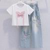 Traje de Verano para Niñas Estilo Chino de Manga Corta Nuevo Estilo para Niños Medianos y Grandes Camiseta para Niñas Pantalones Vaqueros de Pierna Ancha Conjunto de Dos Piezas