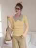 Suéter de Punto Amarillo con Cuello en V Falso de Dos Piezas para Mujer Tggta11, Suéter de Punto Cableado con Cuello Polo Otoño e Invierno, Top Camiseta Base de Capa Interior