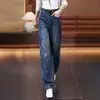Pantalones acampanados de mezclilla retro azul hechos a medida para mujer, nueva colección de otoño, de cintura alta, adelgazantes, con forma de media luna, pantalones de pierna ancha estrecha, largos