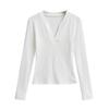 American 2024 Inverno Novas Meninas Quentes Quentes Forrado de Lã Com Decote Em V Manga Comprida Camiseta Feminina Estilo Europeu e Americano Cor Sólida Top Slim