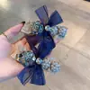 Pasador de Tela Vintage con Bloques de Color, Flores de Cristal, Bolas de Perlas y Lazo, Elegante Accesorio para el Cabello para el Trabajo y el Viaje