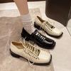 Sapatos Femininos de Cadarço Estilo Colégio Britânico Bico Quadrado, Sapatos Casuais Versáteis Retro Nariz de Porco Salto Grosso Bailarina Baixo
