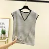 Camiseta de Rayas con Cuello en V Verano Talla Grande Chaleco Top Delgado sin Mangas Camisa Básica Casual Sencilla de Color Sólido para Mujer