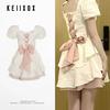 Tecido Original Vestido Menina Doce Picante Verão Puro Desejo Princesa Francesa em liberdade Cintura Manga Bolha Vestido Tutu
