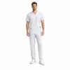 94% Fibra de Poliéster + 6% Elastano Uniforme de Trabalho Gola V Manga Curta de Médico Conjunto de Duas Peças Masculino Spa Beleza