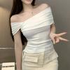 Ai Chunshi Novo Estilo Ombro Caído Curto Ajustado Estilo Puro Desejo Top Feminino Manga Curta Cintura Justa Cordão Cintura Justa Spice Girl T
