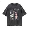 Camiseta Vintage Lavada con Logo Personalizado, Estilo Callejero Americano Transfronterizo Retro Manga Corta Estampado de Doberman Camiseta Talla Grande para Hombre