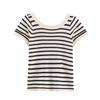 Camiseta de manga corta para mujer estilo europeo y americano transfronterizo, top corto ajustado de verano para mujer, tejido de punto a rayas con cuello redondo