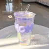 Taza de Vidrio de Letra Colorida de Alto Valor para Estudiante Mujer con Popote Transparente Estilo Fresco Taza de Agua Café Portátil