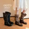 Botas de Equitação Femininas 2026 Nova Cor Color Block Salto Grosso Couro Franzido Fivela Cadarço