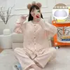 Conjunto de Pijama de Primavera y Otoño con Ribete de Encaje, Estampado de Muñeca de Dibujos Animados, Sujetador Incorporado, Mangas Largas y Pantalones Largos para Niñas