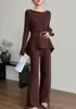 Novo Conjunto Elegante de Tricô Duas Peças para Mulheres - Outono/Inverno 2026: Suéter Irregular com Cinto + Calça de Cintura Alta Wide Leg