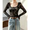 Camisola de encaje estilo francés para mujer, top de malla transparente de manga larga, sexy y elegante, capa base versátil para primavera y otoño
