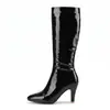 Novas botas femininas europeias e americanas outono/inverno: botas de montaria simples de couro envernizado de cano alto, botas de salto alto, tamanhos 40-47, botas plus size para exportação