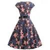 Vestido Retro Estilo Hepburn para Mujer con Cuello Redondo y Mangas Cortas, Estampado de Bandera Americana y Cinta Negra, Vestido de Dobladillo Amplio 8030