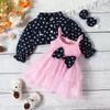 Conjunto de saia outono e inverno europeu e americano para meninas, vestido de rede com laço infantil + casaco de lapela poá