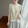 Nuevo Cárdigan de Punto de Seda Helada para Mujer Primavera/Verano 2026 Cuello Redondo Manga Corta Bloque de Color Raya Calado Holgado Versátil