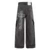 Calça Cargo Jeans Reta Wide-Leg Vintage Lavada com Grafite Cruzado Estilo Americano para Mulheres, Tendência Primavera e Outono