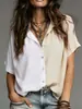 Camisa de Manga Curta Color Block Estilo Europeu e Americano Nova para Verão 2025 para Mulheres, Top Casual Soltinho com Lapela, Tendência de Moda Transfronteiriça