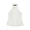 Camiseta sin mangas de cuello halter para mujer con cuello de solapa, de un solo botón, cintura ceñida, bajo con volantes, hombros descubiertos, top tipo tank elegante para ir al trabajo al por mayor