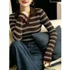 Tricô Outerwear Gola Polo Listrado Estilo Coreano para Mulheres Nicho Emagrecedor Versátil Camada Base Suéter Top para o Trabalho