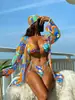 Conjunto bikini sexy de tres piezas europeo y americano para verano, traje de baño con chal de malla con estampado de playa para mujer, comercio exterior europeo y americano