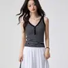 Camisola de Rayas con Cuello en V de Algodón Tencel Lyocell para Mujer, Nuevo Estilo de Verano con Botones, Top Versátil sin Mangas Color-Blocking