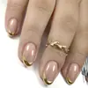 Manicura Francesa Redonda Corta Simple Rosa Nude Uñas Postizas Usables Oro Pasta Dorada Uñas Usables 3D Venta al por Mayor