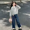 Otoño Primavera 2026 Nuevo Conjunto de Dos Piezas para Niñas Estilo Coreano de Moda Estilo Academia Manga Larga Dulce Dibujos Animados Jeans